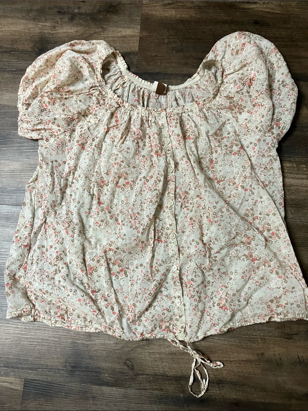 Sonoma Cream Floral Puff-Sleeve Blouse with Pink Accents